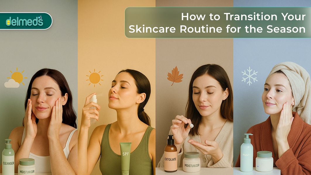 Women adjusting skincare routines across different seasons – spring, summer, autumn, and winter.