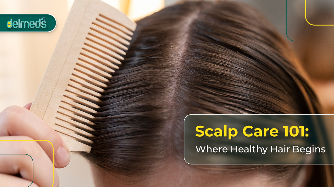 Close-up of a woman combing her scalp with a wooden comb, highlighting clean and healthy scalp care – promoting the importance of scalp health for strong hair.