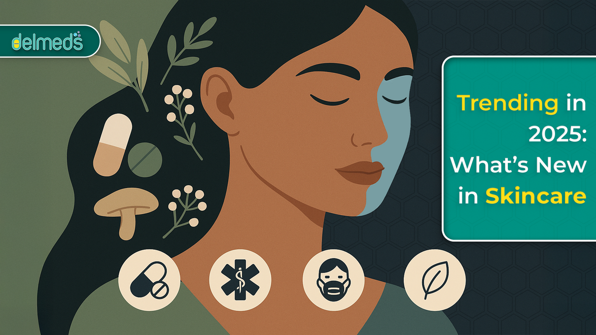 Illustration of 2025 skincare trends featuring natural ingredients, dermatology icons, and holistic wellness – DelMeds