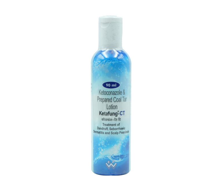 A bottle of Ketafung-CT Lotion used for treating dandruff and soothing itchy scalps.