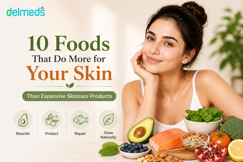 Woman with healthy glowing skin surrounded by nutrient-rich foods including salmon, avocado, berries, leafy greens, nuts, tomato, and lemon, highlighting foods that support skin health and natural radiance.
