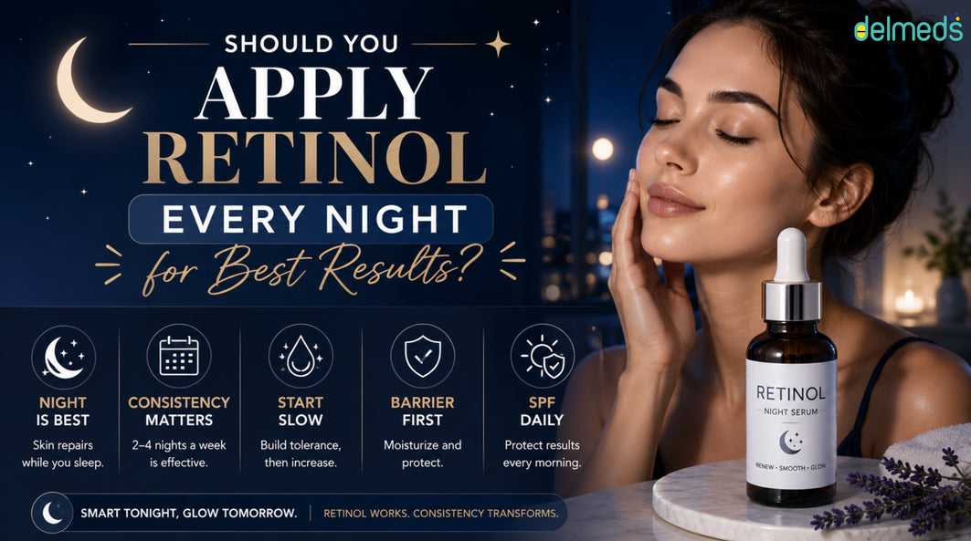 A woman with glowing skin applying retinol serum at night, alongside a dropper bottle, highlighting tips like starting slow, maintaining consistency, protecting the skin barrier, and using SPF daily.