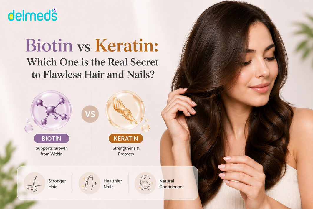 Biotin vs Keratin comparison banner highlighting their roles in supporting stronger hair, healthier nails, and overall hair strength and appearance.