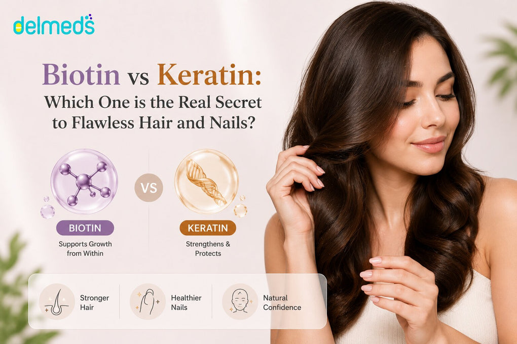 Biotin vs Keratin comparison banner highlighting their roles in supporting stronger hair, healthier nails, and overall hair strength and appearance.