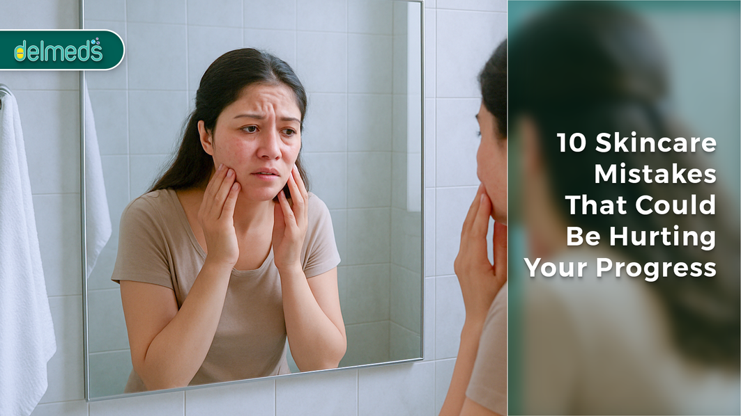 Woman examining skin in mirror 
