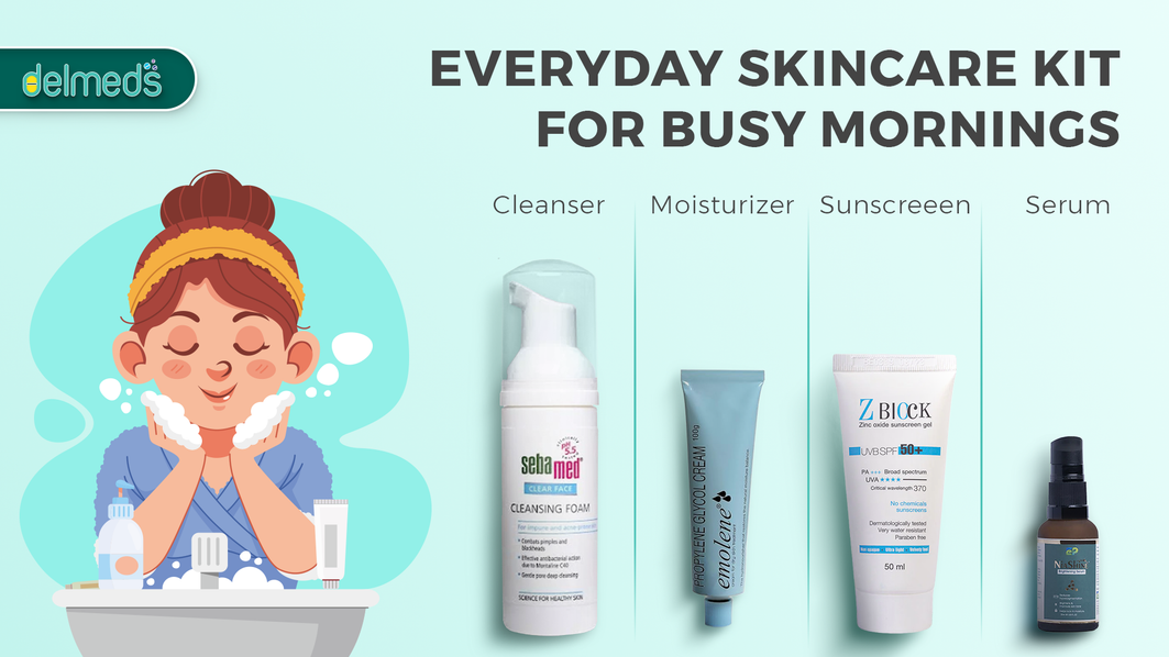 Everyday skincare kit for busy mornings featuring Sebamed, Emolene, Z-Block, and Niashine products.