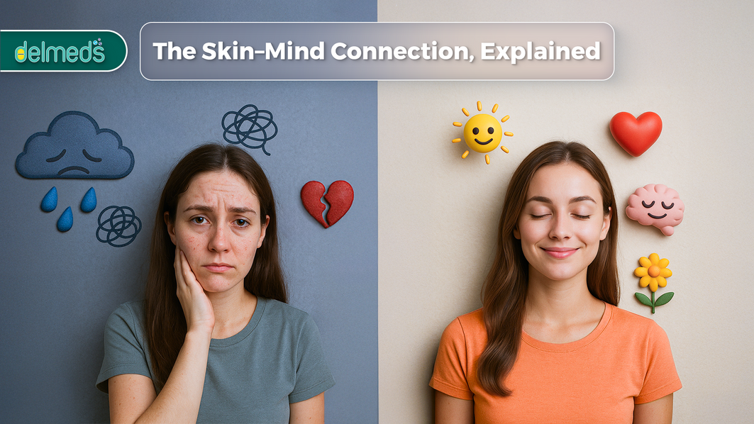 Woman showing mental health effects on skin with contrasting emotions – stress vs calmness illustration for skin-mind connection.
