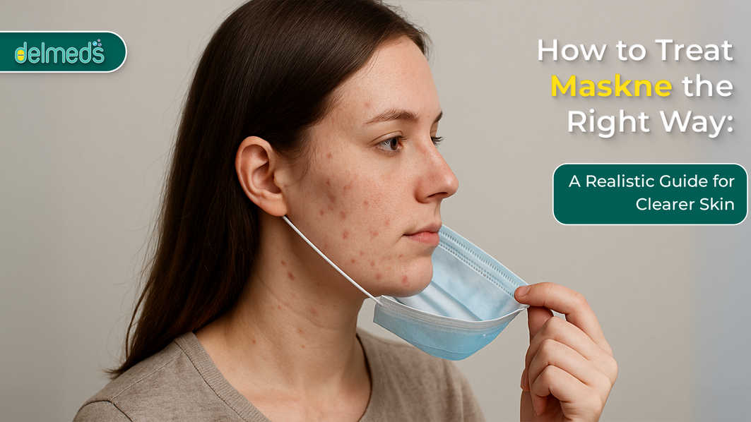 Woman with maskne removing face mask – guide to treating mask-induced acne with dermatologist-recommended skincare