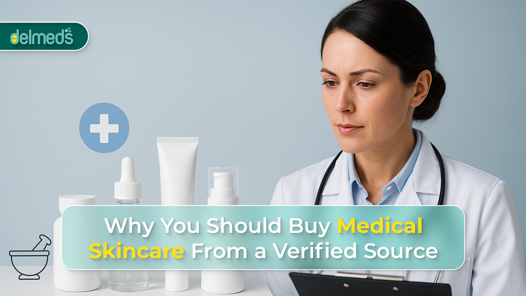 Dermatologist reviewing skincare products – importance of buying medical skincare from verified source
