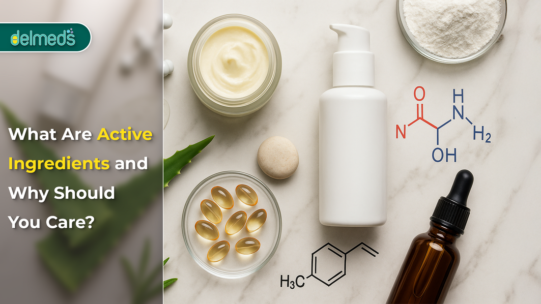 Skincare products with active ingredients like serum, capsules, and aloe vera