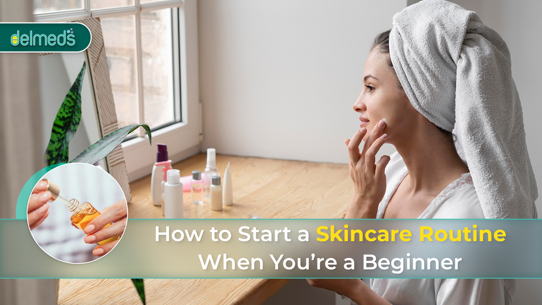 "Woman applying skincare by the mirror with beginner skincare products on the table – guide to starting a skincare routine for beginners