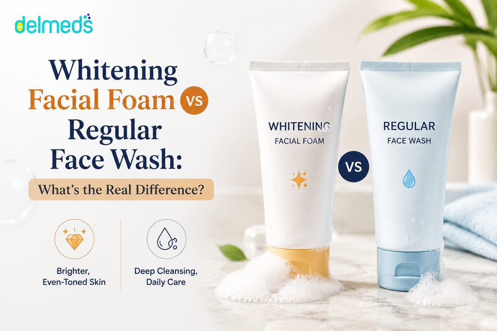 Whitening facial foam vs regular face wash comparison banner showing two cleanser tubes with benefits of brighter looking skin, deep cleansing, and daily skincare support.