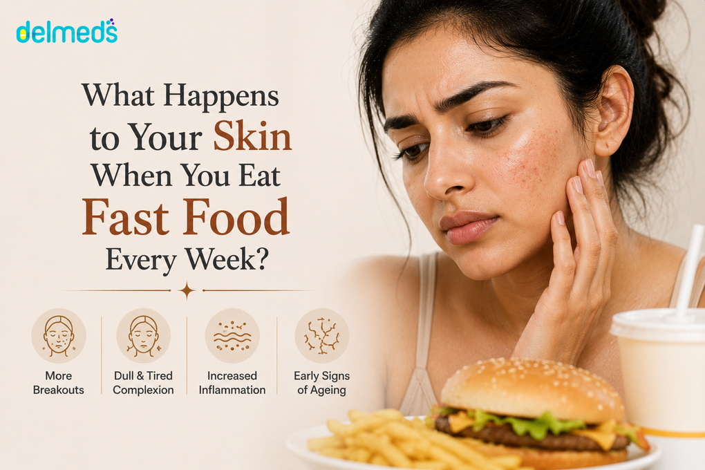 Young woman touching her acne-prone skin while looking concerned beside a burger, fries, and soft drink, illustrating the effects of eating fast food regularly on skin health, including breakouts, inflammation, dull complexion, and premature ageing
