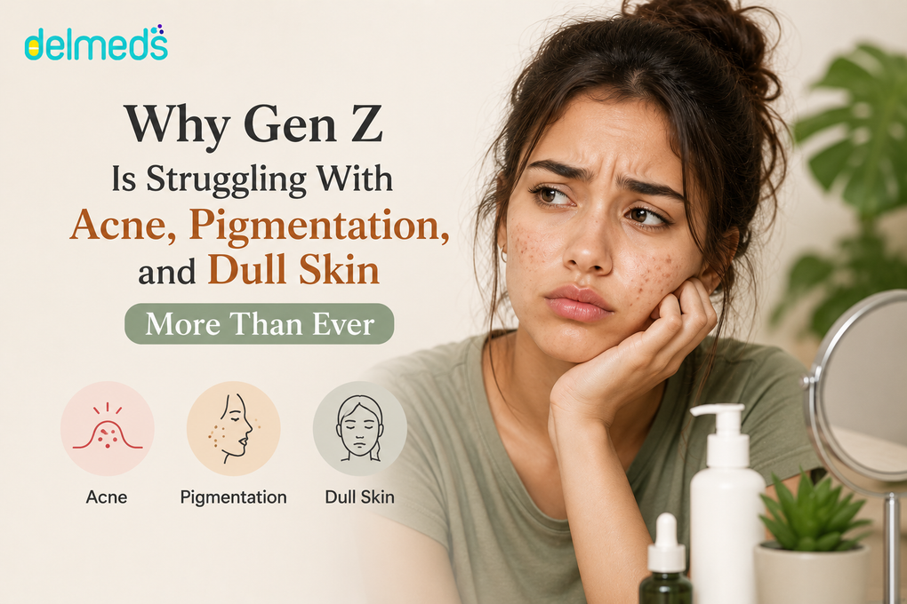 Gen Z skincare awareness banner highlighting rising concerns around acne, pigmentation, and dull skin caused by stress, pollution, poor sleep, screen time, and modern lifestyle habits.