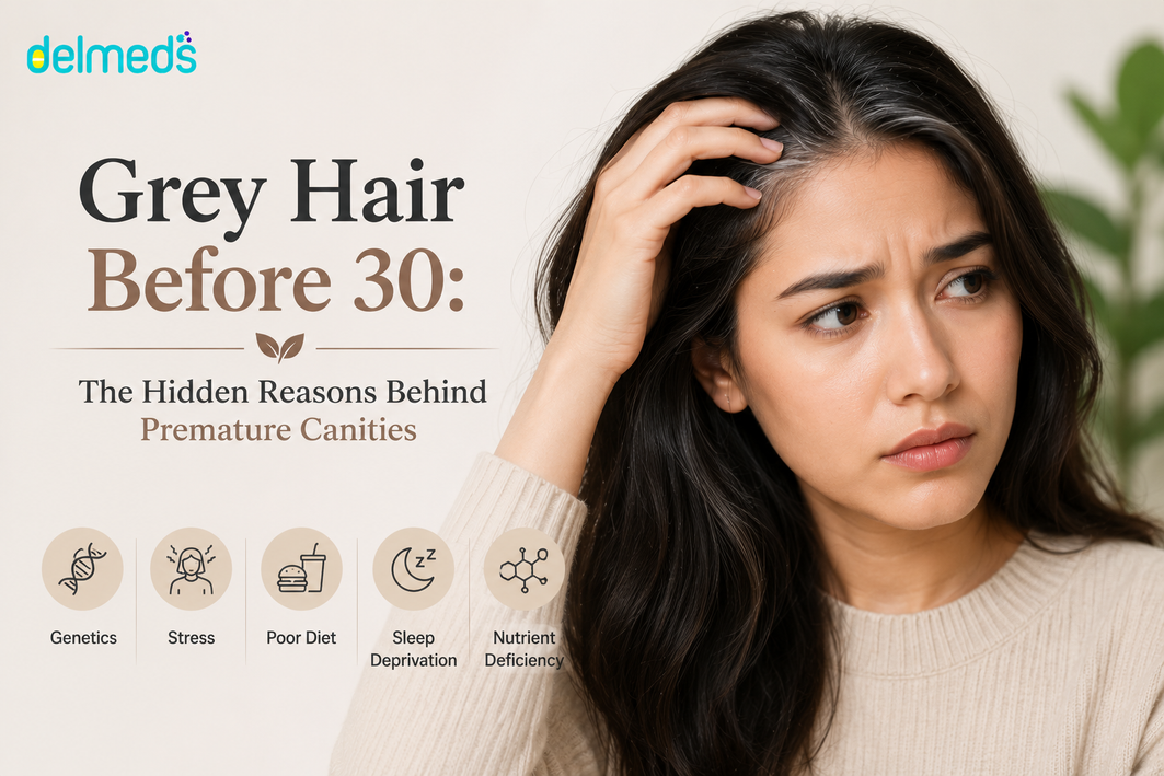 Young woman noticing grey hair before 30, highlighting common causes of premature canities such as genetics, stress, poor diet, sleep deprivation, and nutrient deficiencies.