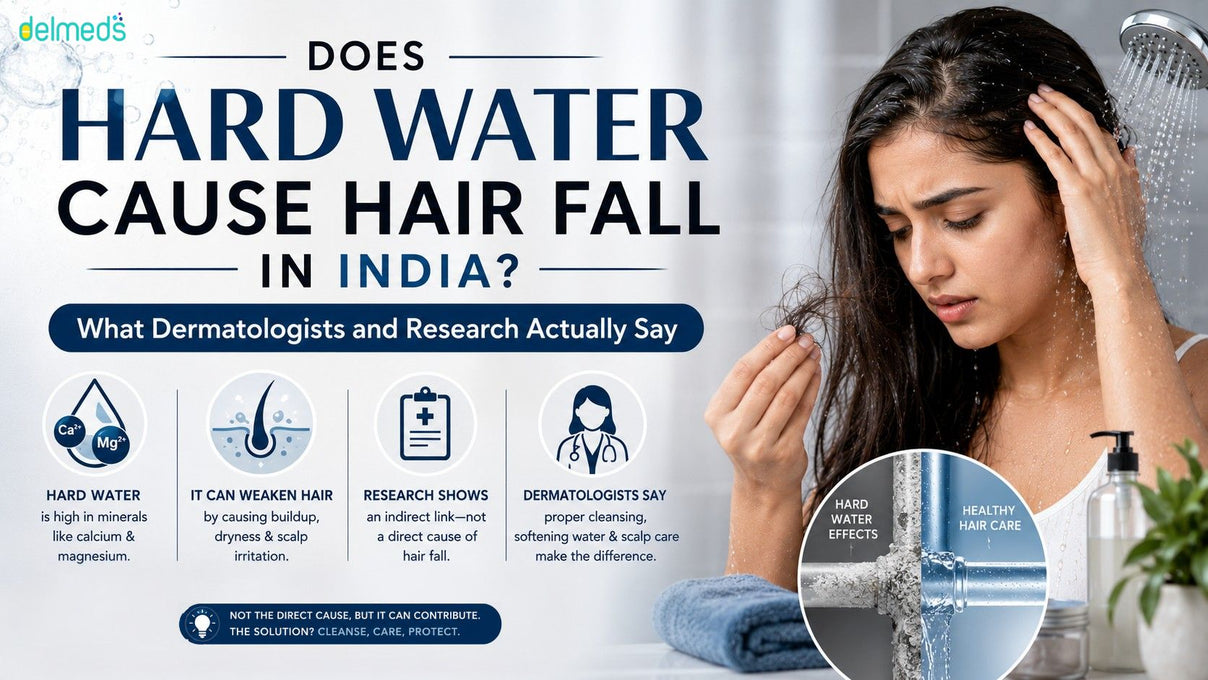 Woman experiencing hair fall while showering, illustrating effects of hard water in India with minerals like calcium and magnesium causing hair damage and breakage