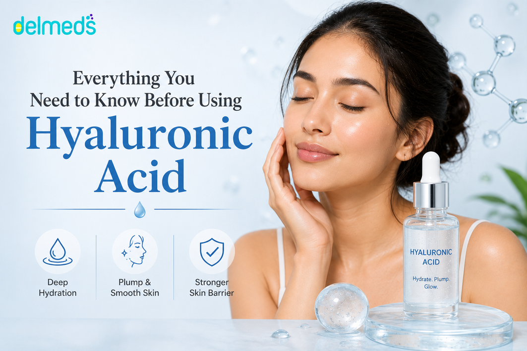 Woman with healthy hydrated skin alongside a hyaluronic acid serum, highlighting deep hydration, smoother looking skin, improved moisture retention and skin barrier support
