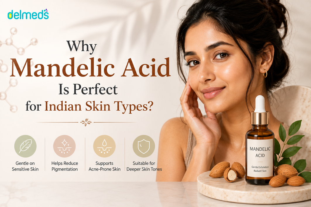 Woman with radiant Indian skin beside a mandelic acid serum bottle, illustrating the benefits of mandelic acid for sensitive skin, pigmentation, acne prone skin, uneven skin tone, and melanin rich Indian skin types