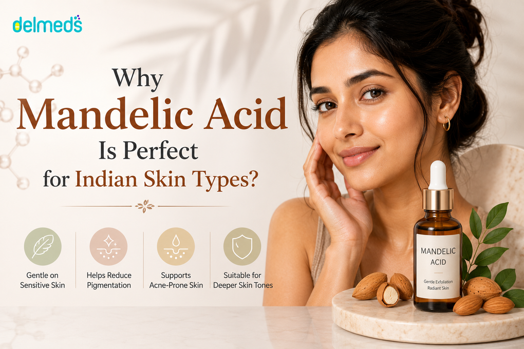 Woman with radiant Indian skin beside a mandelic acid serum bottle, illustrating the benefits of mandelic acid for sensitive skin, pigmentation, acne prone skin, uneven skin tone, and melanin rich Indian skin types