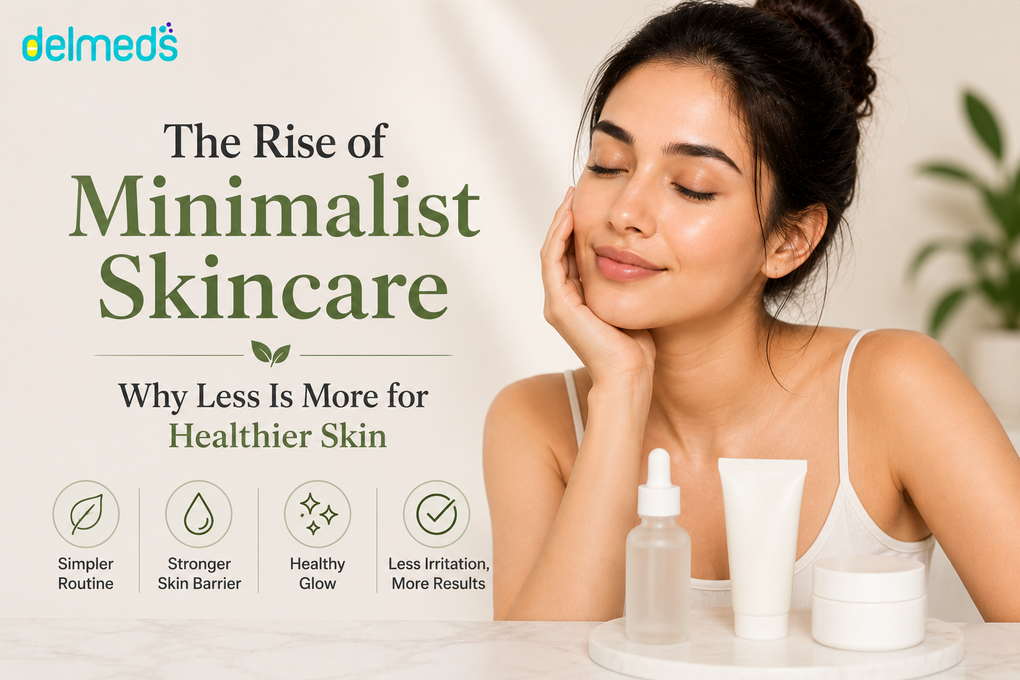 Woman with naturally glowing skin beside a simple skincare routine, illustrating the rise of minimalist skincare and the benefits of using fewer products for a stronger skin barrier, reduced irritation, and healthier looking skin.