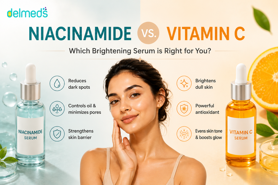 Niacinamide vs Vitamin C skincare infographic comparing benefits for brightening skin, reducing dark spots, improving skin barrier health, controlling oil, boosting glow, and achieving an even skin tone.