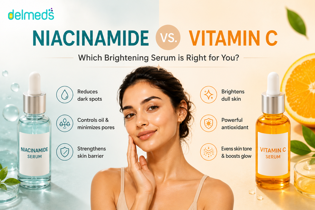 Niacinamide vs Vitamin C skincare infographic comparing benefits for brightening skin, reducing dark spots, improving skin barrier health, controlling oil, boosting glow, and achieving an even skin tone.