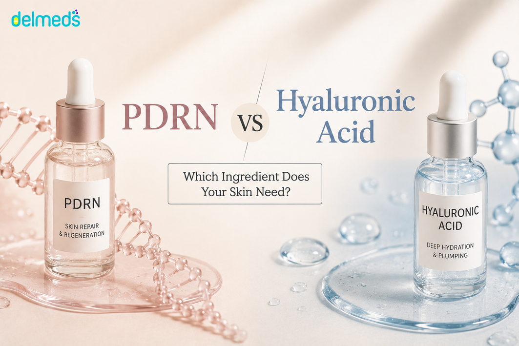 PDRN vs Hyaluronic Acid comparison banner featuring a pink-toned PDRN serum bottle symbolizing skin repair and regeneration alongside a blue Hyaluronic Acid serum bottle representing deep hydration and plumping.