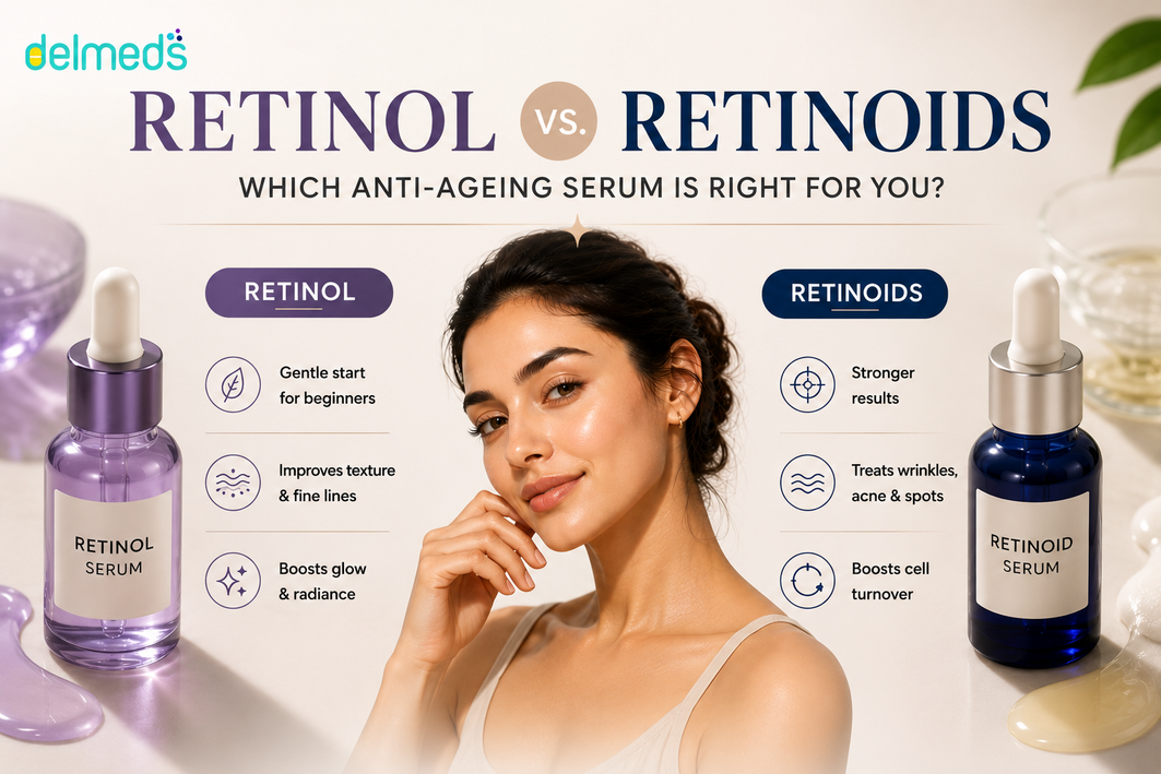 Retinol vs retinoids skincare infographic comparing benefits, strength, and usage for anti ageing, wrinkles, acne, skin texture, and cell turnover, featuring serum bottles and a female model.