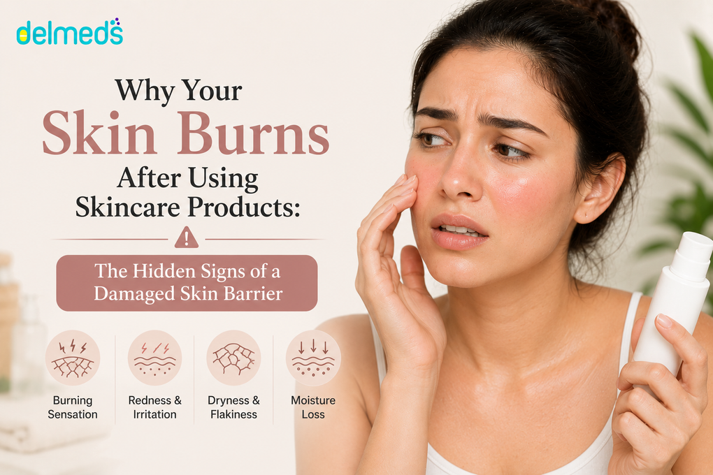 Woman experiencing facial redness and burning after applying skincare products, illustrating common signs of a damaged skin barrier including irritation, dryness, flakiness, and moisture loss.