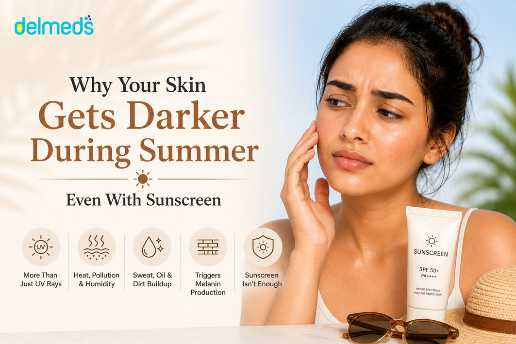 Woman with visibly tanned and uneven skin tone holding her face beside a sunscreen tube, illustrating common reasons skin gets darker during summer despite sunscreen use, including UV exposure, heat, humidity, sweat, and increased melanin production