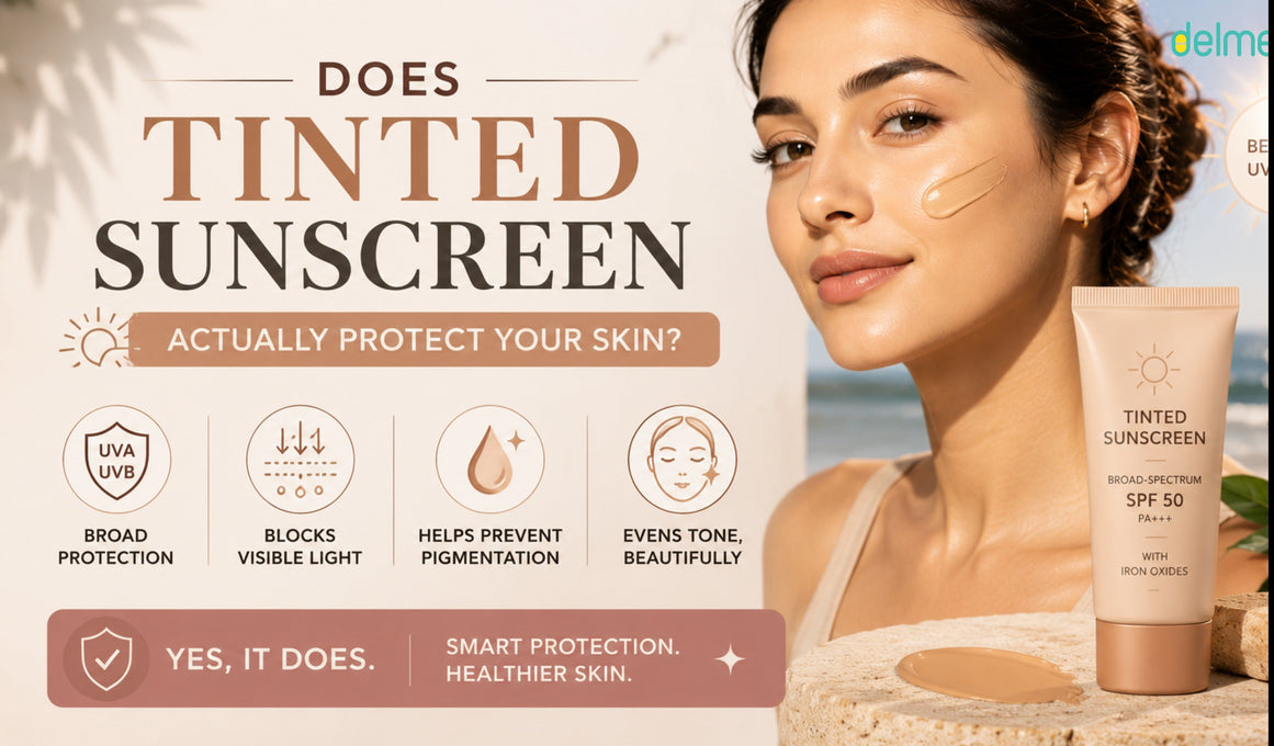 A close-up of a woman with glowing skin applying tinted sunscreen on her cheek, alongside a product tube labeled SPF 50 PA+++, highlighting benefits like broad-spectrum UV protection, visible light blocking, pigmentation prevention, and even skin tone.