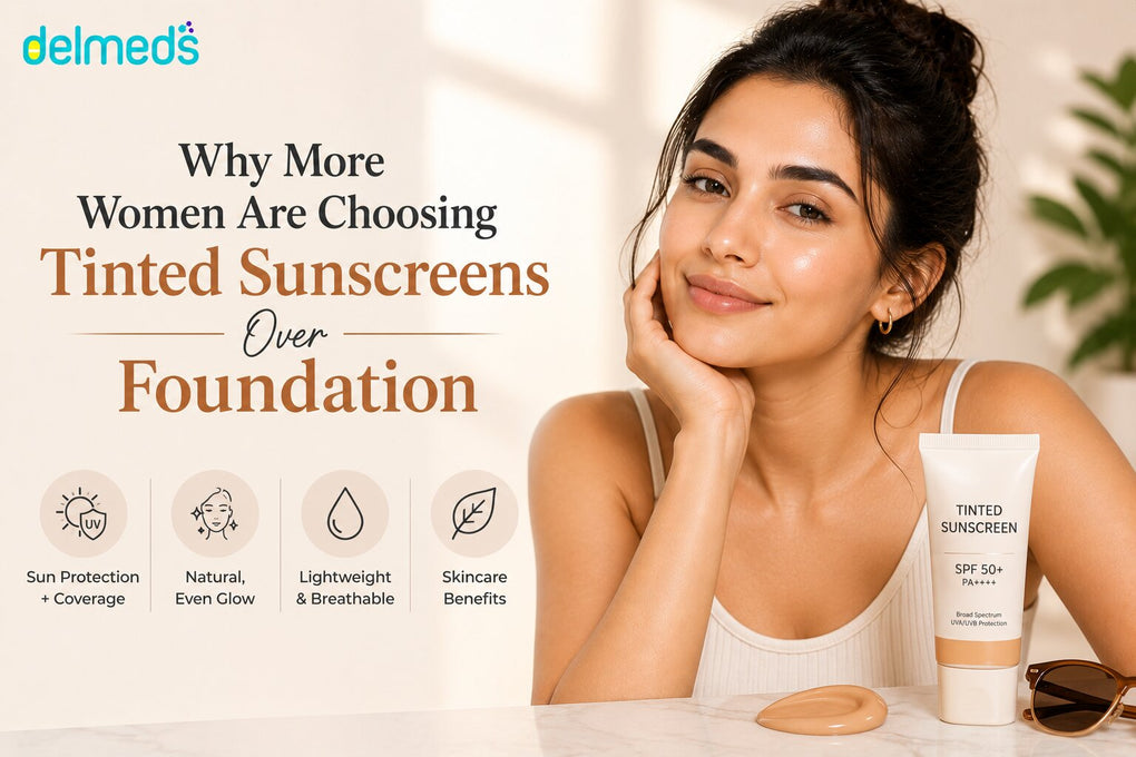 Woman with naturally radiant skin beside a tinted sunscreen tube, illustrating the growing trend of choosing tinted sunscreen over foundation for daily sun protection, lightweight coverage, natural glow, and skincare benefits