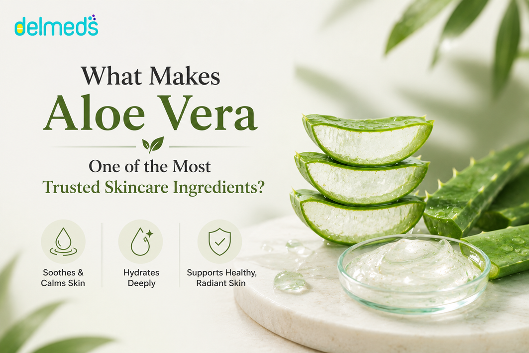 Fresh aloe vera gel and sliced aloe leaves highlighting the soothing, hydrating, and skin supporting benefits of aloe vera in skincare