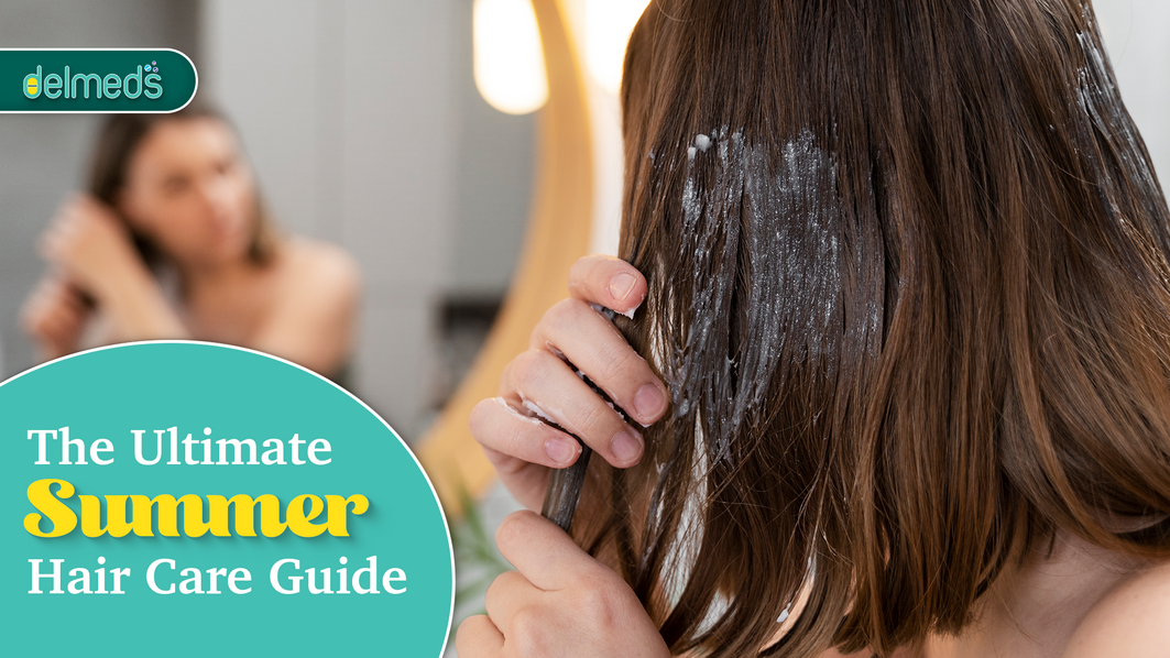 Woman applying hair mask in front of mirror as part of summer hair care routine..png