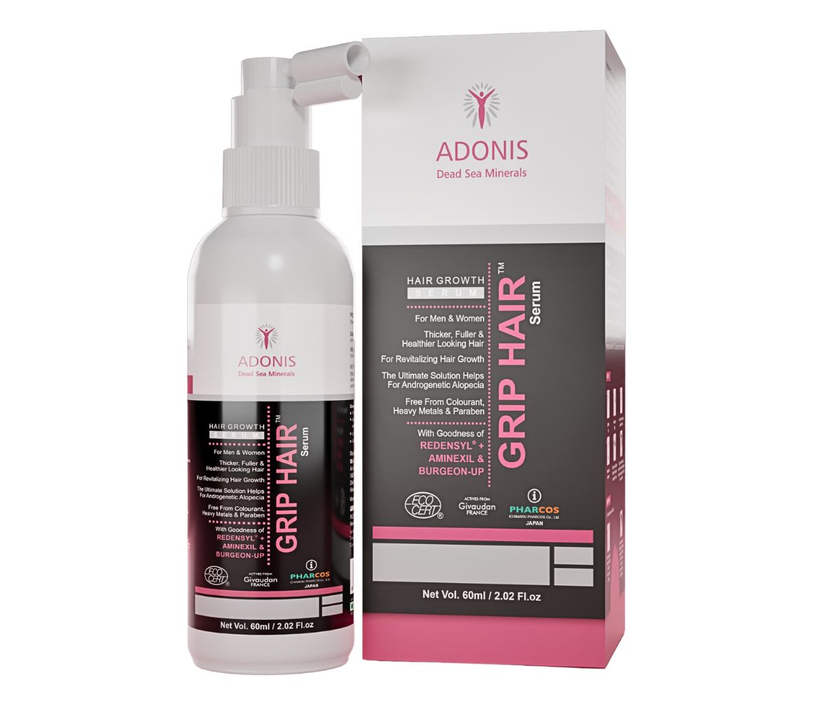 Adonis Grip Hair serum bottle and packaging on a white background