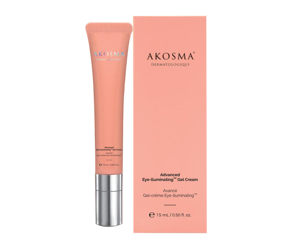 A product image featuring Akosma Advanced Eye Illuminating Gel Cream in a pink tube with a silver band, alongside its packaging box.