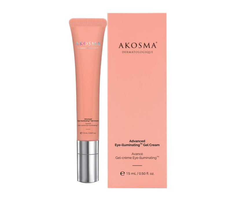 A product image featuring Akosma Advanced Eye Illuminating Gel Cream in a pink tube with a silver band, alongside its packaging box.