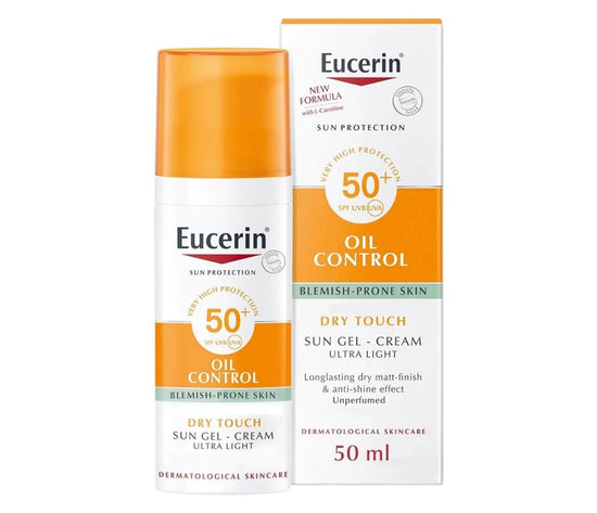Eucerin Sun Oil Control Dry Touch SPF50+ หลอดสีขาวส้ม