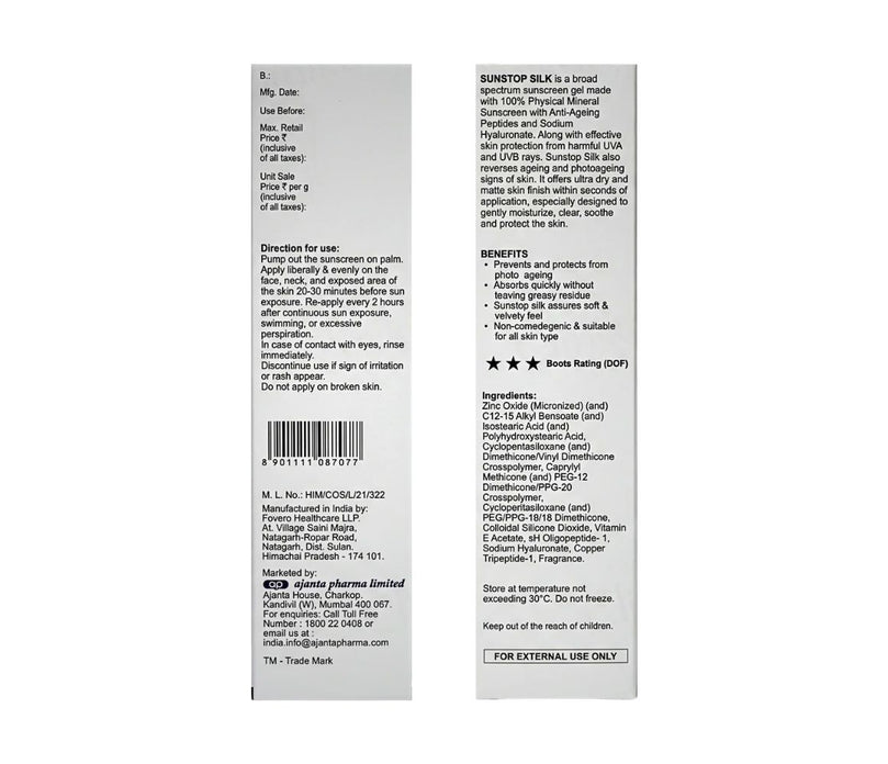 Sunstop Silk Matte Skin Feel Mineral Sunscreen Gel SPF 58+